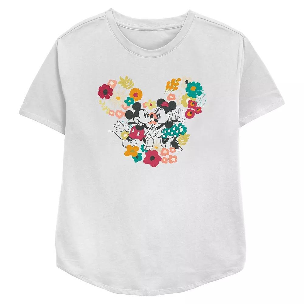Disney's Mickey Mouse With Minnie Mouse Floral Pair Women's Relaxed Fit Graphic Tee, Size: Small, White Product Image