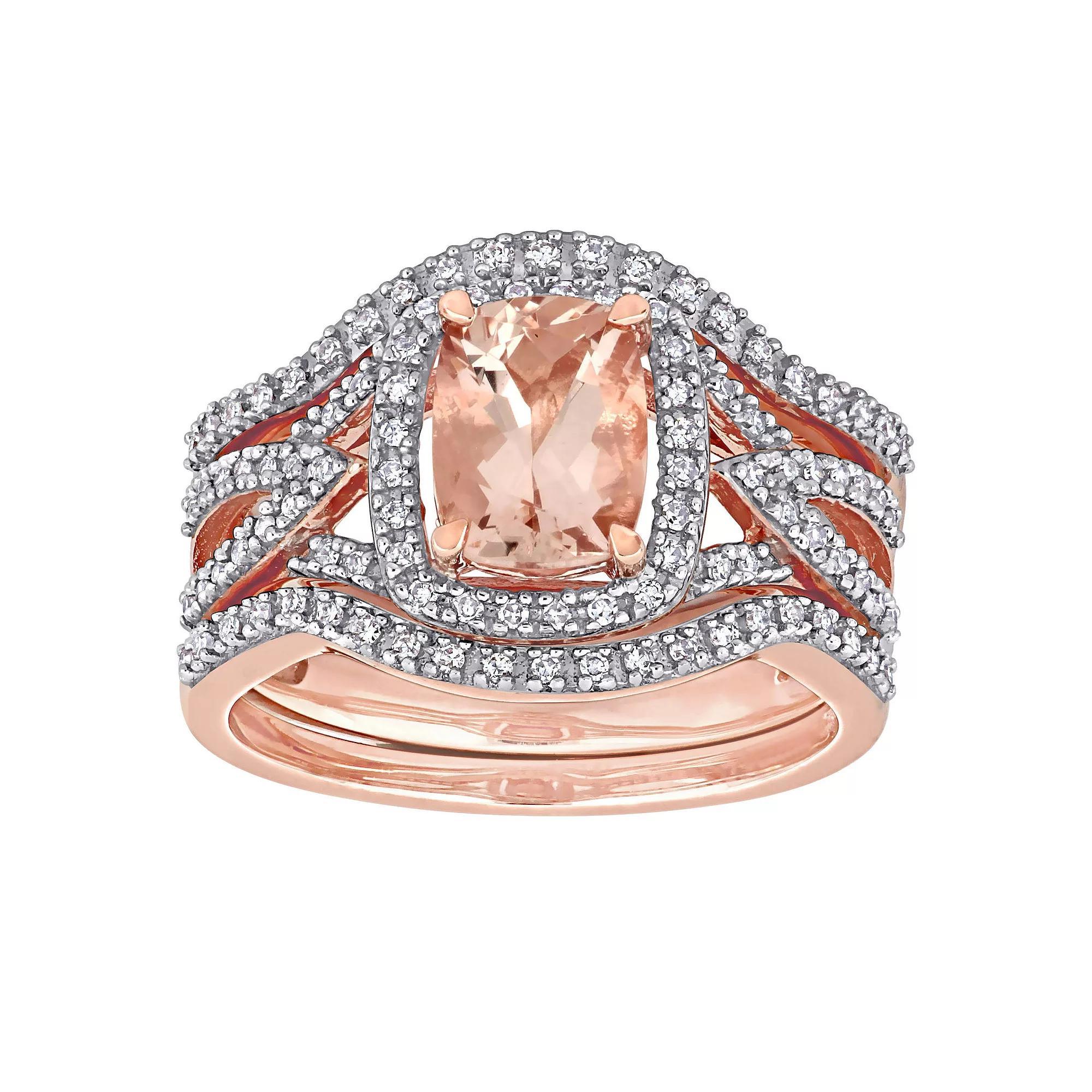 Stella Grace 10k Rose Gold Morganite & 1/3 Carat T.W. Diamond Halo Split Shank Bridal Ring Set, Women's, Size: 8, 10k Rsgold Product Image