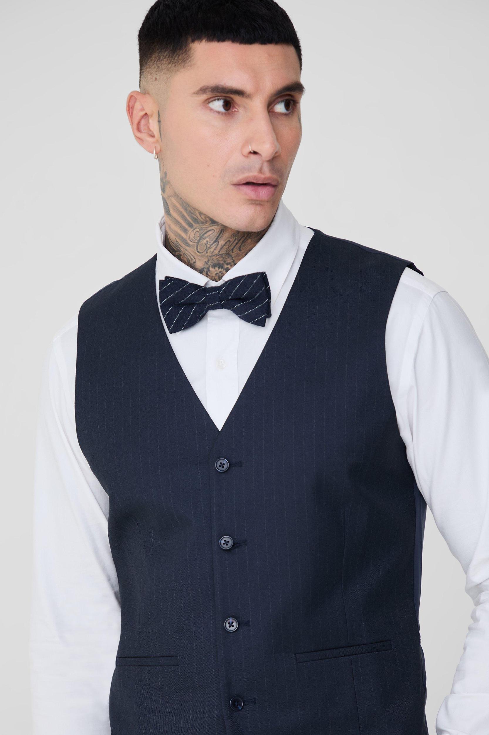 Tall Navy Pinstripe Vest | boohooMAN USA Product Image