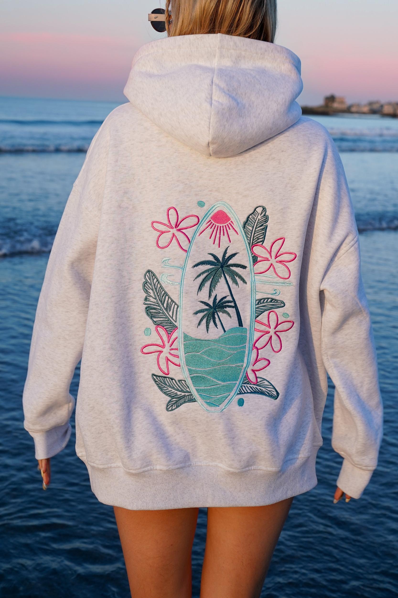 Pearl Grey Surfing The Waves Embroider Hoodie Product Image
