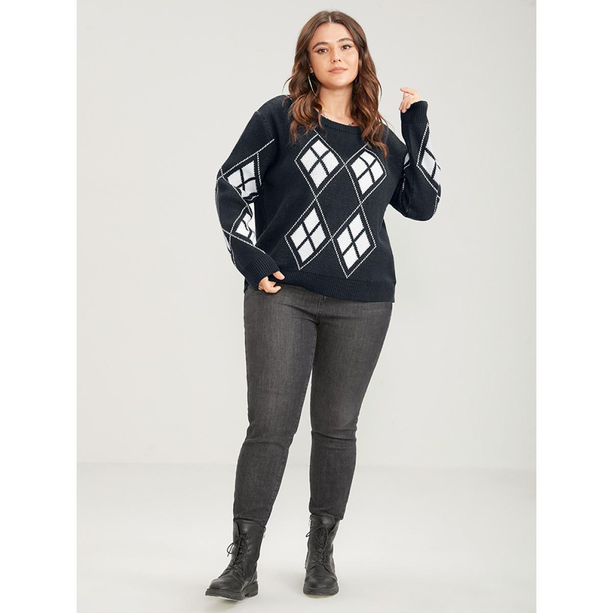 Plus Size Geometric Contrast Pointelle Knit Round Neck Knit Top Black Women Casual Long Sleeve Round Neck Dailywear Pullovers BloomChic 28/5X Product Image