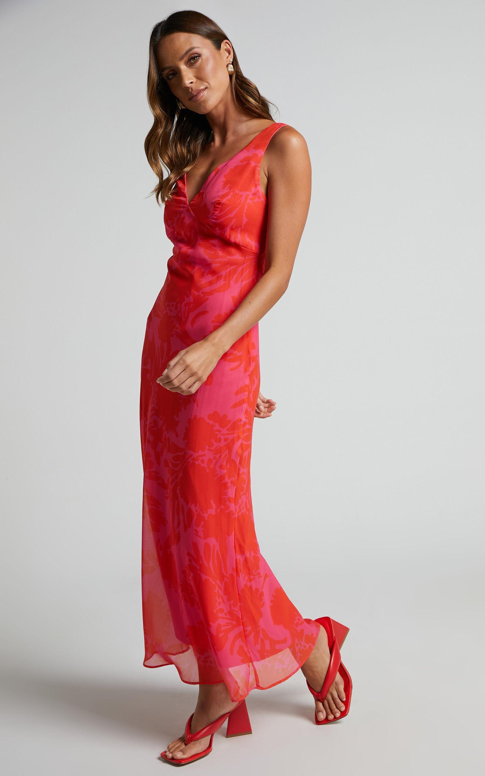 Jodie Midi Dress - V Neck Slip Dress in Pink Floral Product Image