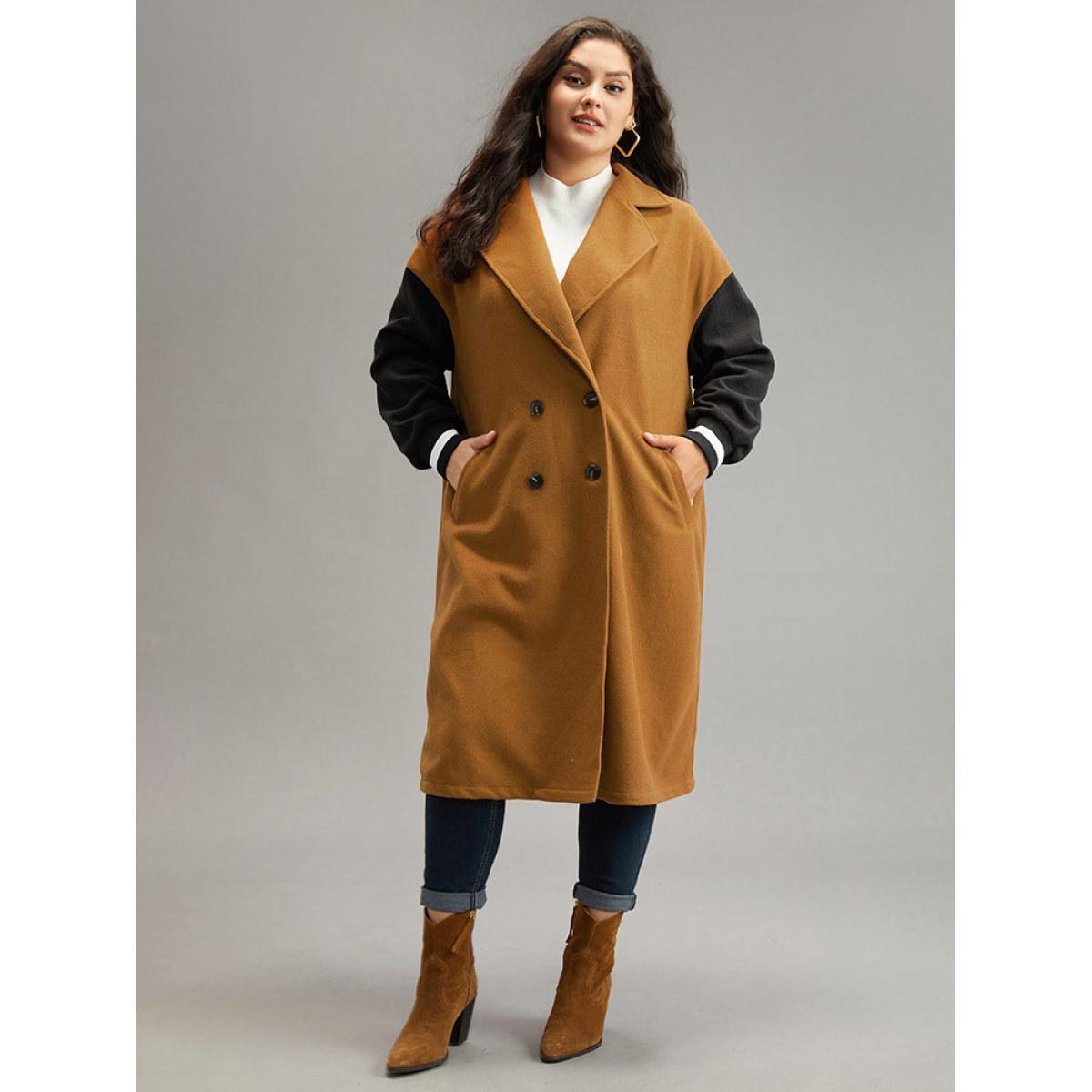 Plus Size Lapel Collar Patchwork Contrast Trim Coat Women Tan Casual Contrast Ladies Everyday Winter Coats BloomChic 18-20/2X Product Image