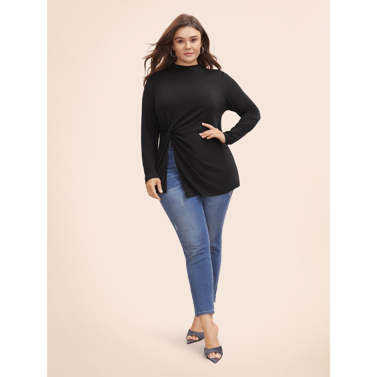 Plus Size Supersoft Essentials Twist Front Split Hem T-shirt Black Women Casual Tie knot Mock Neck Skinny Everyday T-shirts BloomChic 10/M Product Image