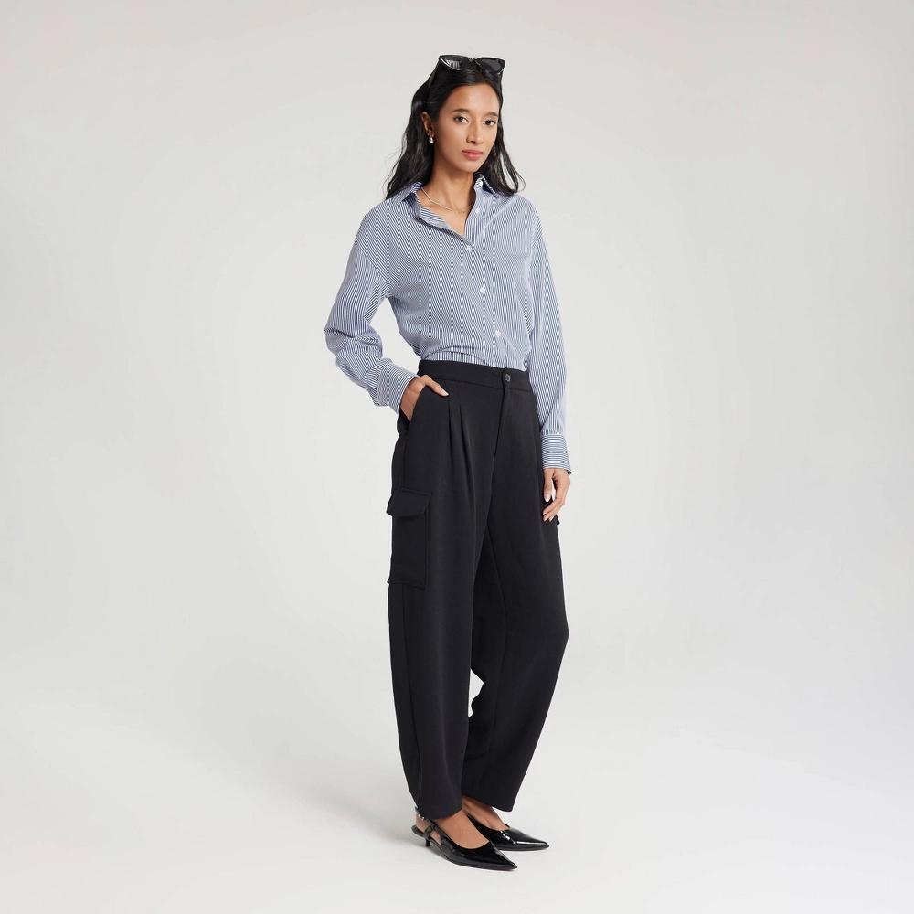 Womens Barrel Leg Pleated Cargo Pants - A New Day Black L Product Image