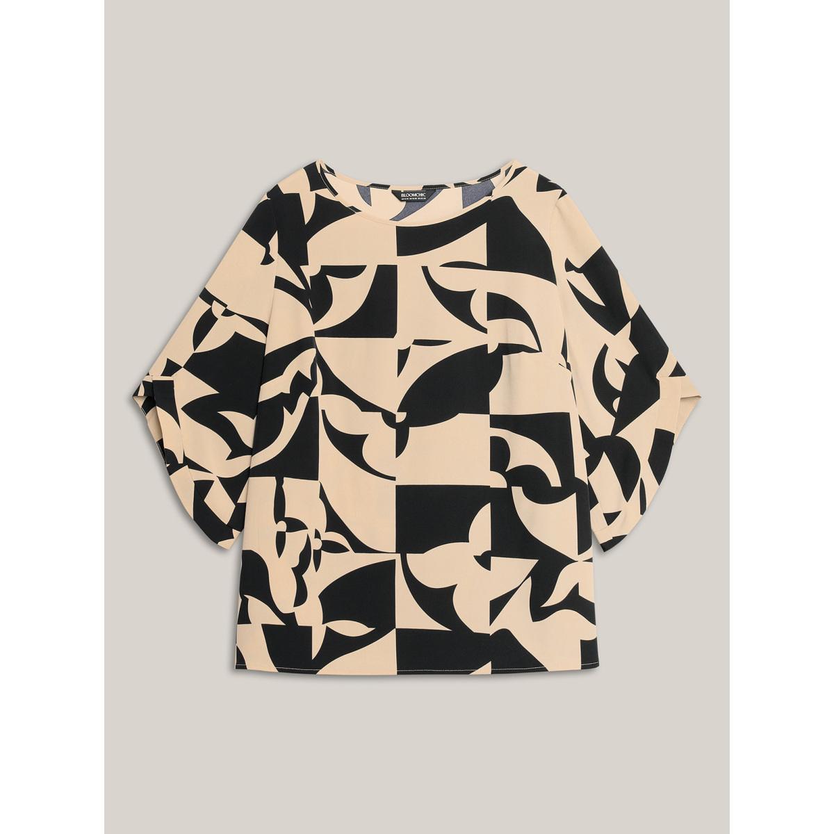 Plus Size Multicolor Geometric Pattern Tab Sleeve Flowy Blouse Women At the Office Elbow-length sleeve Round Neck Work Blouses BloomChic 10/M Product Image