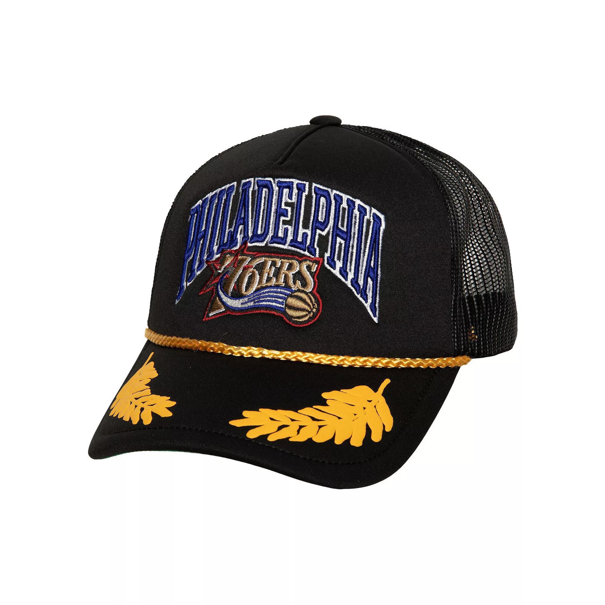 Men's Mitchell & Ness Black Philadelphia 76ers Hardwood Classics Gold Leaf Mesh Trucker Snapback Hat, 76r Black Product Image