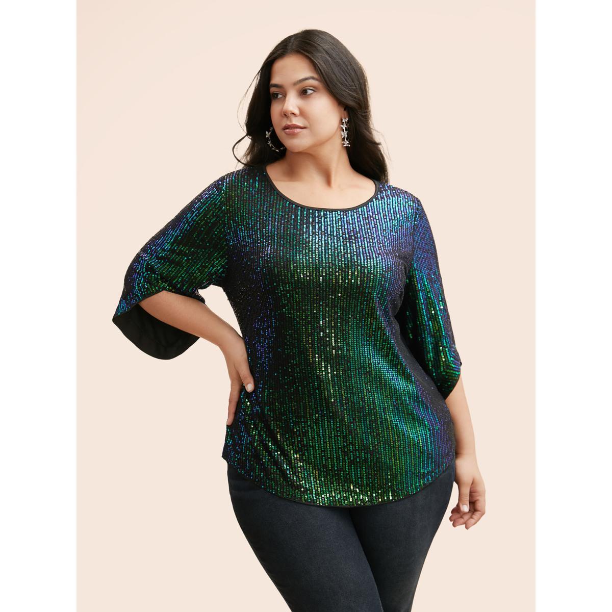 Plus Size DarkGreen Round Neck Sequin Bell Sleeve Blouse Women Cocktail Elbow-length sleeve Round Neck Party Blouses BloomChic 12/L Product Image