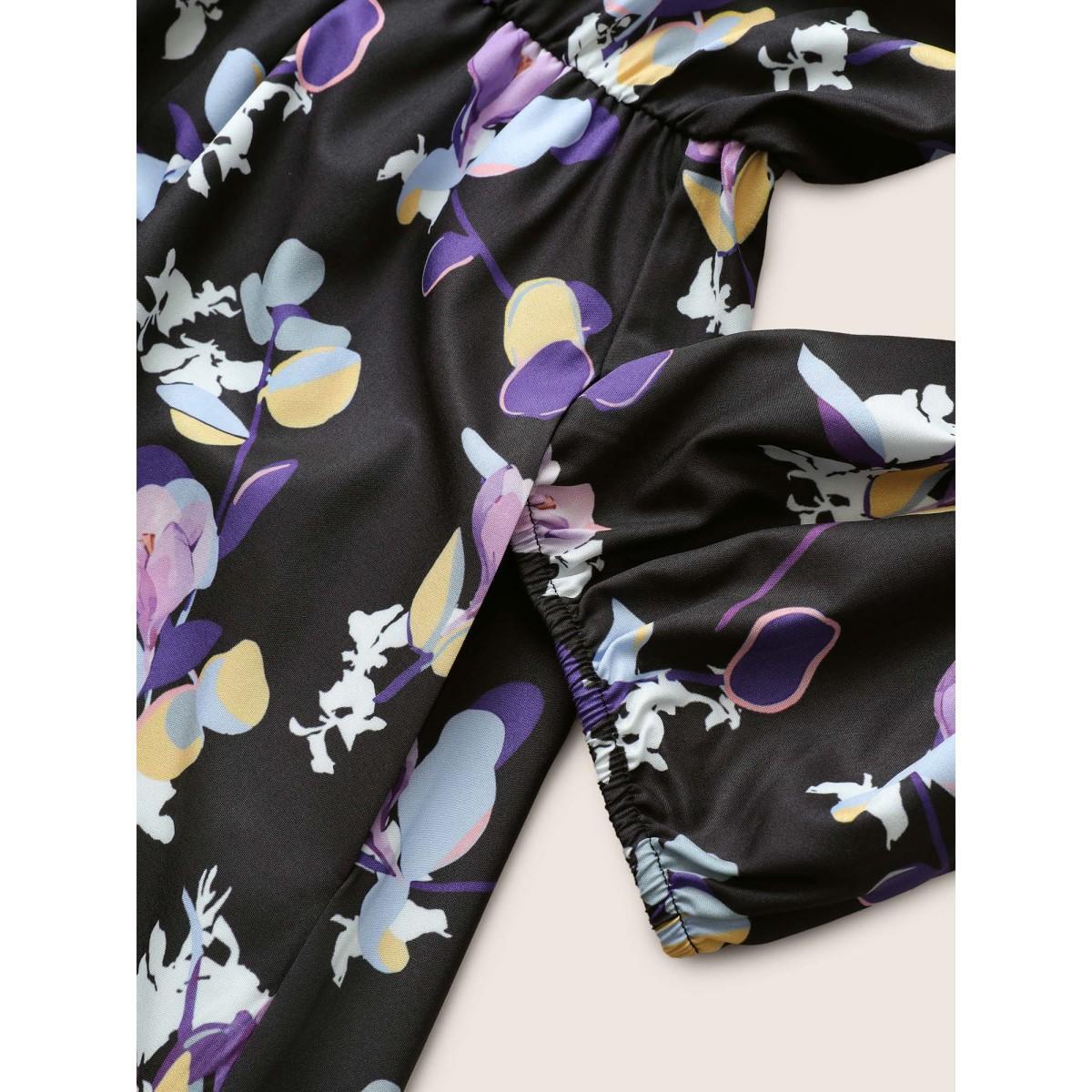 Plus Size Floral Wrap Elastic Waist Lantern Sleeve Cropped Dress Black Women Elegant Non Overlap Collar Elbow-length sleeve Curvy Midi Dress BloomChic 18-20/2X Product Image