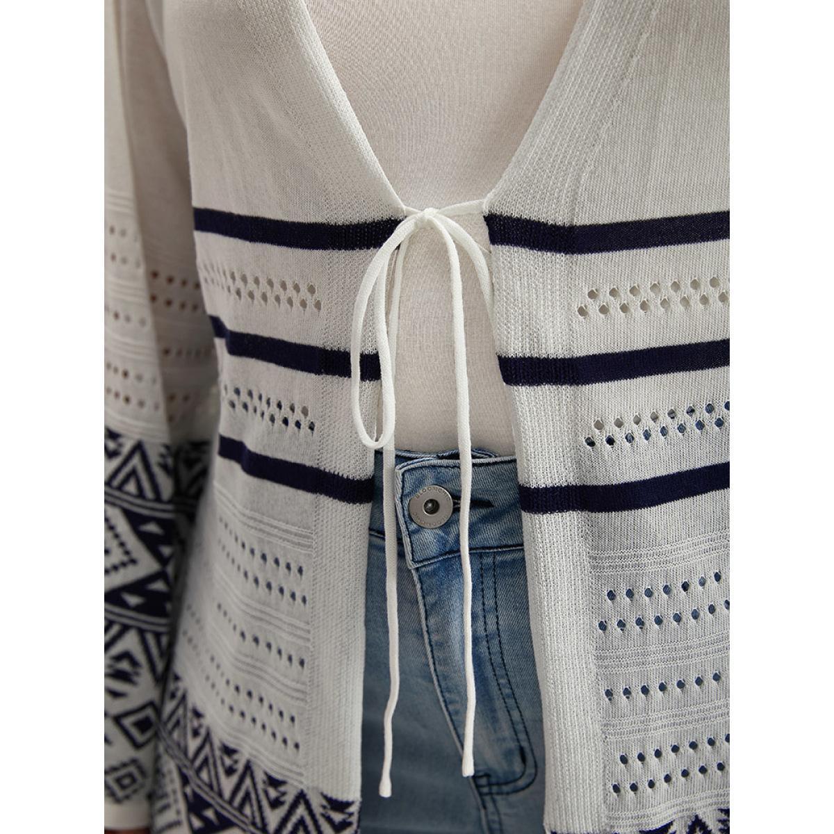 Plus Size Bandana Print Geo Eyelet Ties Front Cardigan WhiteSmoke Women Casual Loose Long Sleeve Everyday Cardigans BloomChic 28/5X Product Image