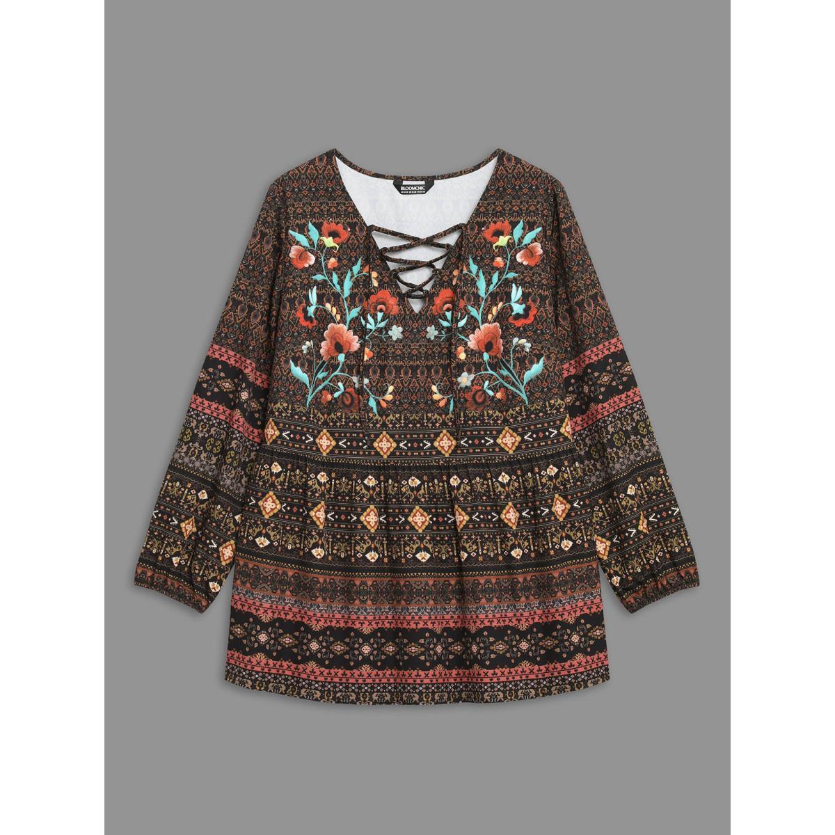 Plus Size DarkBrown Floral Bandana Crisscross Blouse Women Resort Extra Long Sleeve V-neck Vacation Blouses BloomChic 12/L Product Image