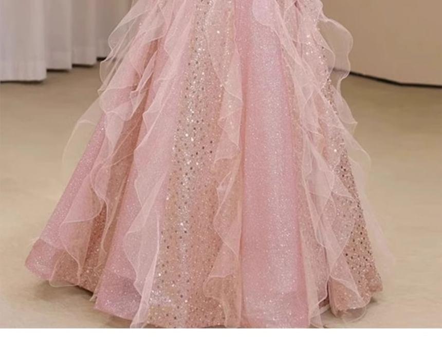Sequin Bow Ruffle Mesh A-Line Tube Evening Gown Product Image