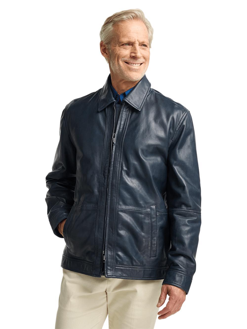 Leather Bomber Jacket - Navy Product Image