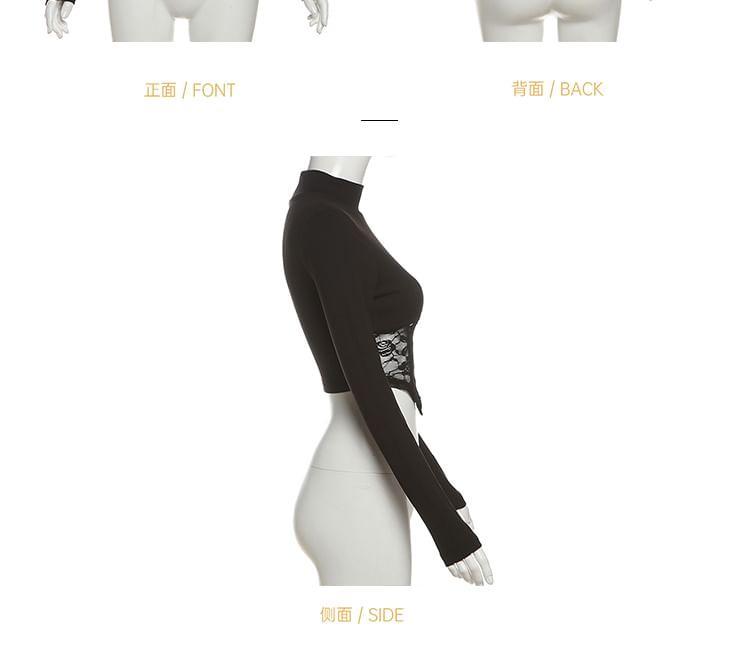 Long-Sleeve Mock Neck Plain Asymmetrical Lace Panel Cropped T-Shirt / Mid Waist Ruched Maxi Fishtail Skirt Product Image