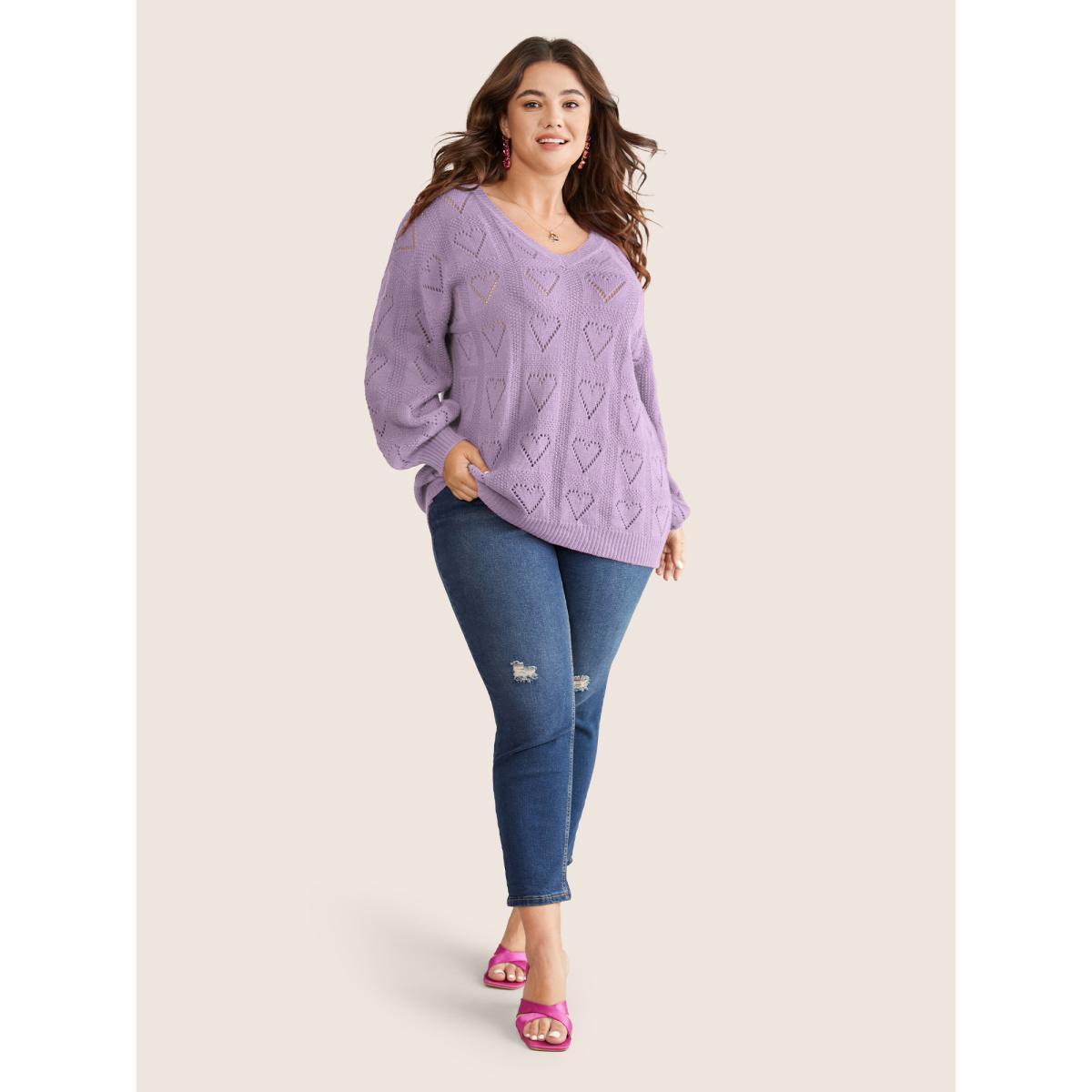 Plus Size Solid Heart Pointelle Lantern Sleeve Pullover Lilac Women Elegant Long Sleeve V-neck Everyday Pullovers BloomChic 18-20/2X Product Image