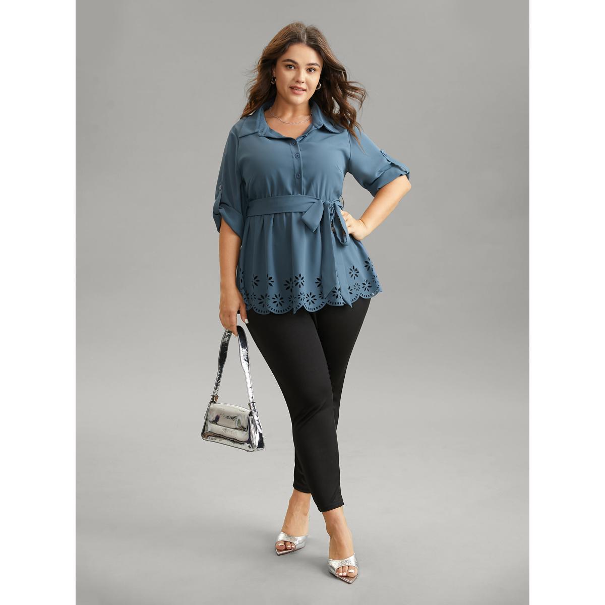Plus Size Stone Static-Free Laser Cut Belted Scalloped Trim Blouse Women Office Long Sleeve Shirt collar Work Blouses BloomChic 22-24/3X Product Image