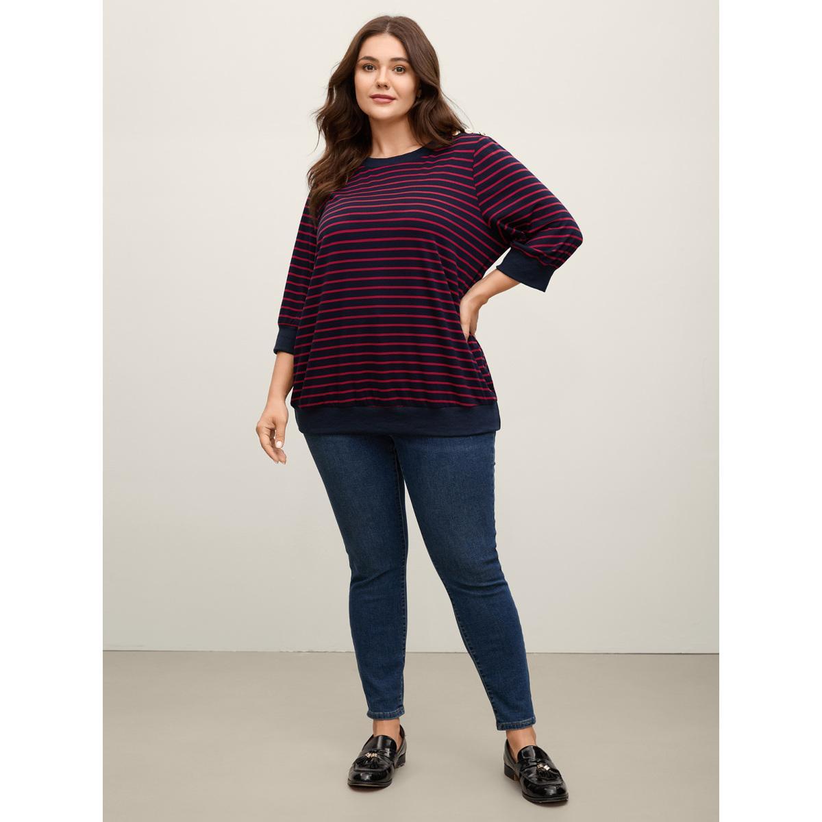 Plus Size Striped Three-Quarter Sleeve Sweatshirt Women Indigo Contrast Round Neck Work Sweatshirts BloomChic 10/M Product Image