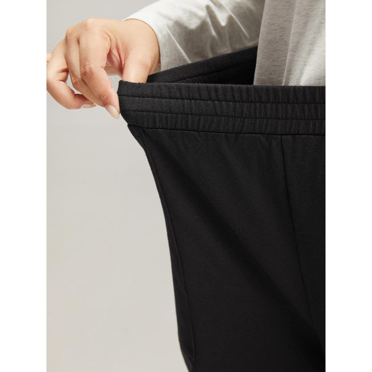 Plain Elastic Waist Button Detail Sweatpant Black Plus Size Women Casual Dailywear Plain 26/4X Bloomchic Product Image