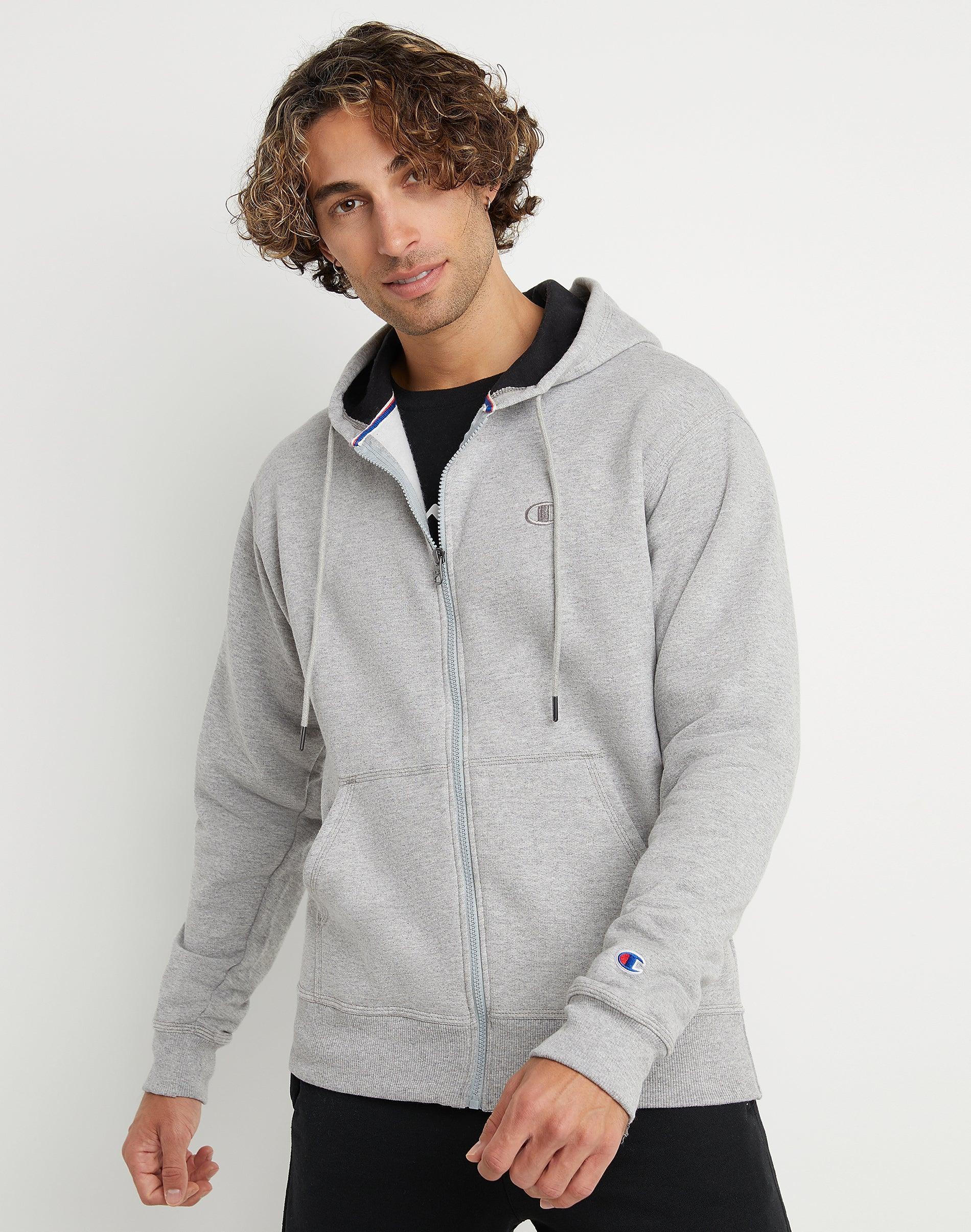 Mens Champion Powerblend Full-Zip Hoodie, C Logo Oxford Grey XL Product Image