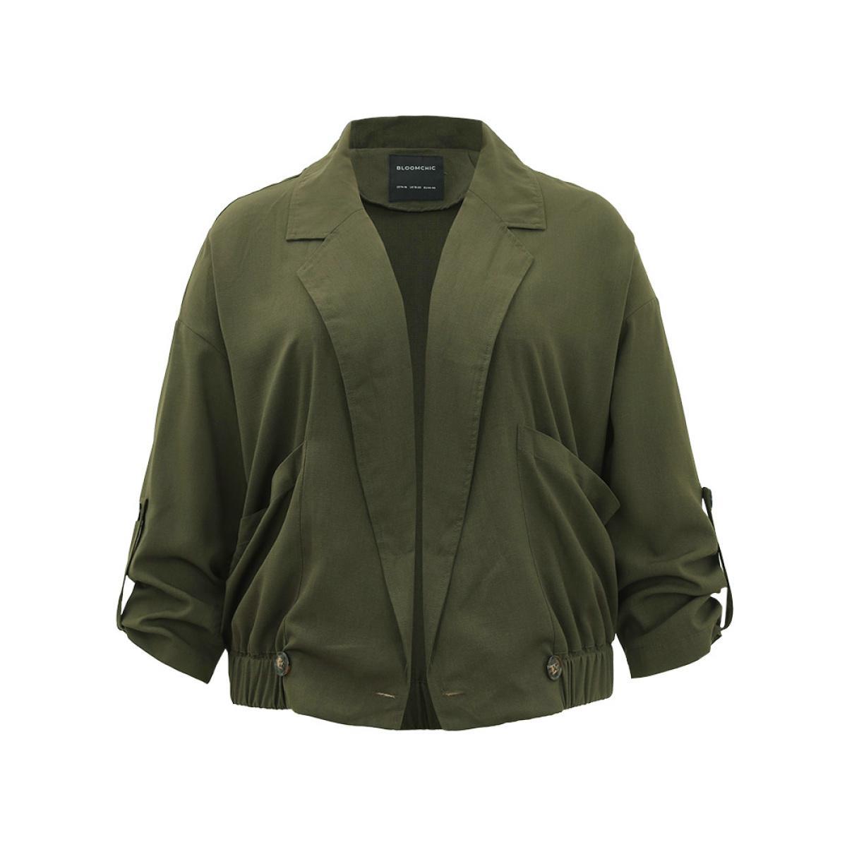 Plus Size Lapel Collar Solid Gathered Tab Sleeve Jacket Women ArmyGreen Plain Pocket Dailywear Jackets BloomChic 30/6X Product Image