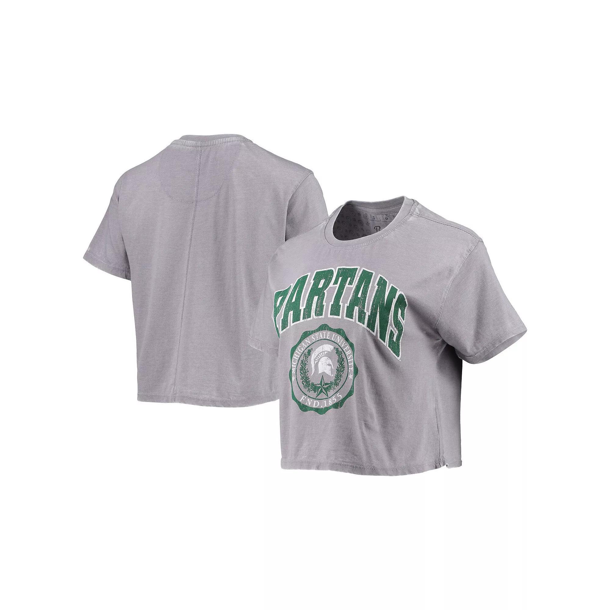 Women's Pressbox Heathered Gray Michigan State Spartans Edith Vintage Burnout Crop T-Shirt, Size: XL, Grey Product Image
