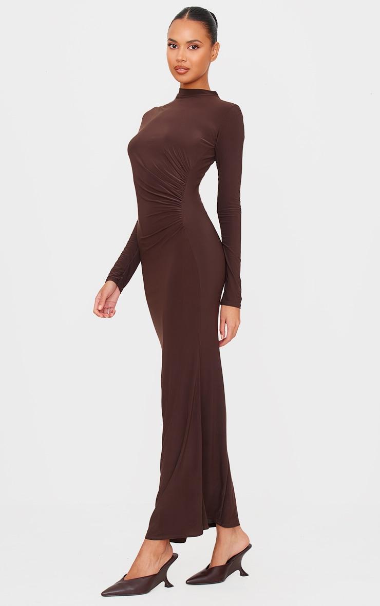Chocolate Slinky Long Sleeve Maxi Dress Product Image