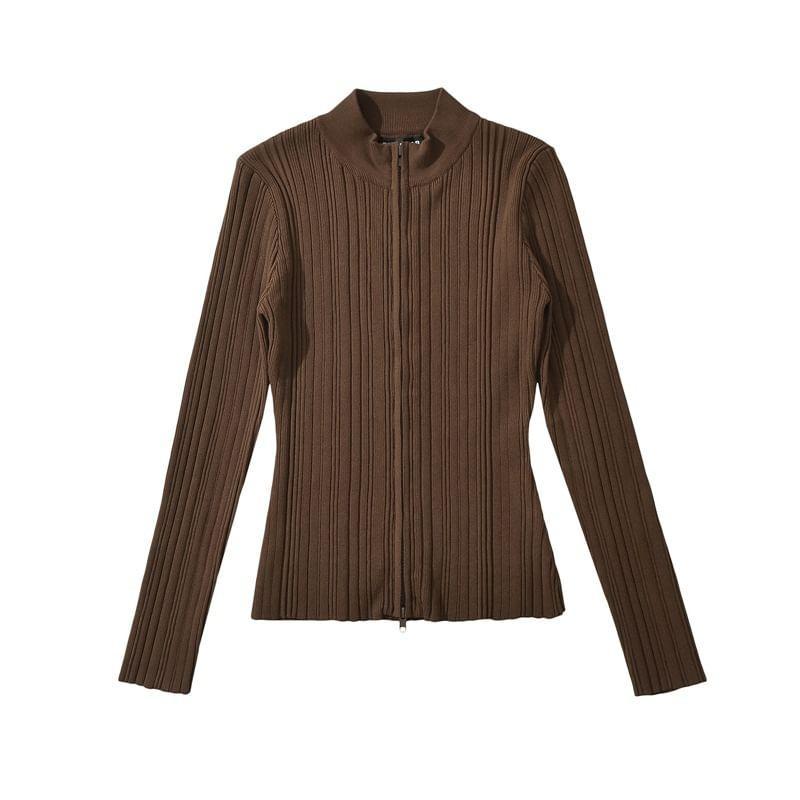 Long-Sleeve Plain Ribbed Zip-Up Knit Top Product Image
