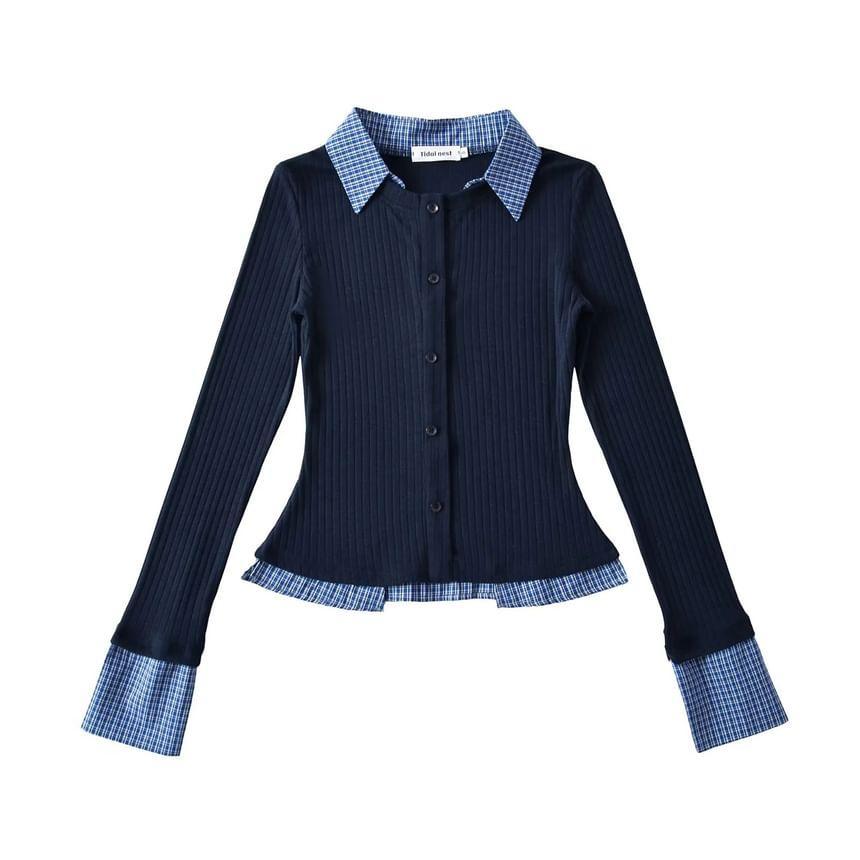 Mock Two-Piece Long-Sleeve Gingham Collar Plain Ribbed T-Shirt Product Image