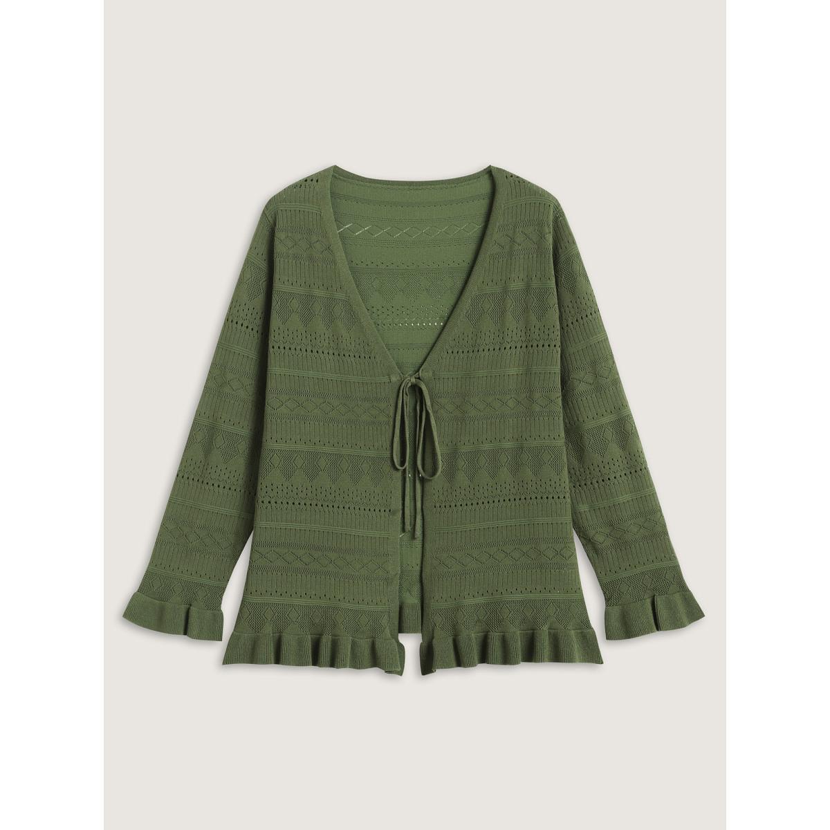 Plus Size Ruffled Hem Front Tie Textured Lightweight Cardigan ArmyGreen Women Loose Long Sleeve Everyday-Elegant Cardigans BloomChic 10/M Product Image