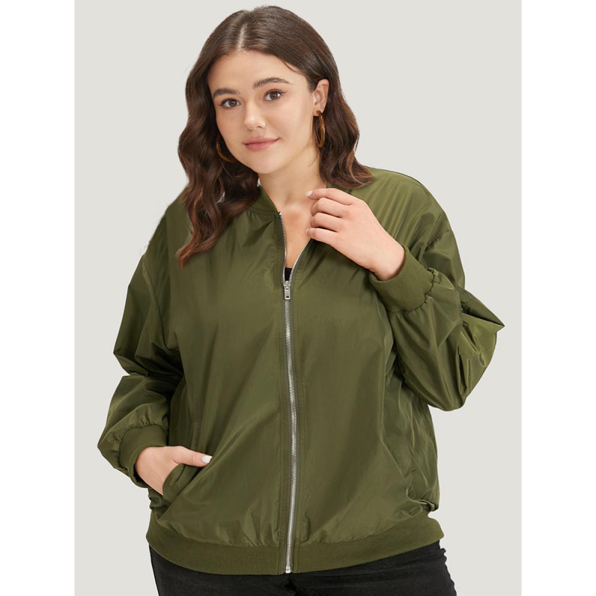 Plus Size Plain Zipper Pocket Elastic Cuffs Jacket Women ArmyGreen Plain Pocket Dailywear Jackets BloomChic 10/M Product Image