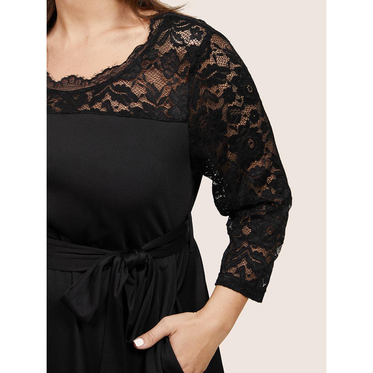Plus Size Plain Crochet Lace Mesh Pocket Belted Dress Black Women Cocktail See through Round Neck Long Sleeve Curvy Midi Dress BloomChic 10/M Product Image