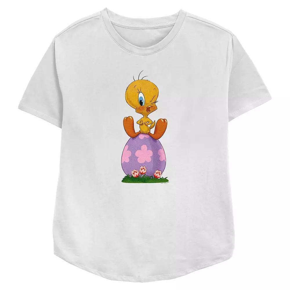 Women's Looney Tunes Tweety Bird Sitting On Easter Egg Relaxed Fit Graphic Tee, Size: XL, White Product Image