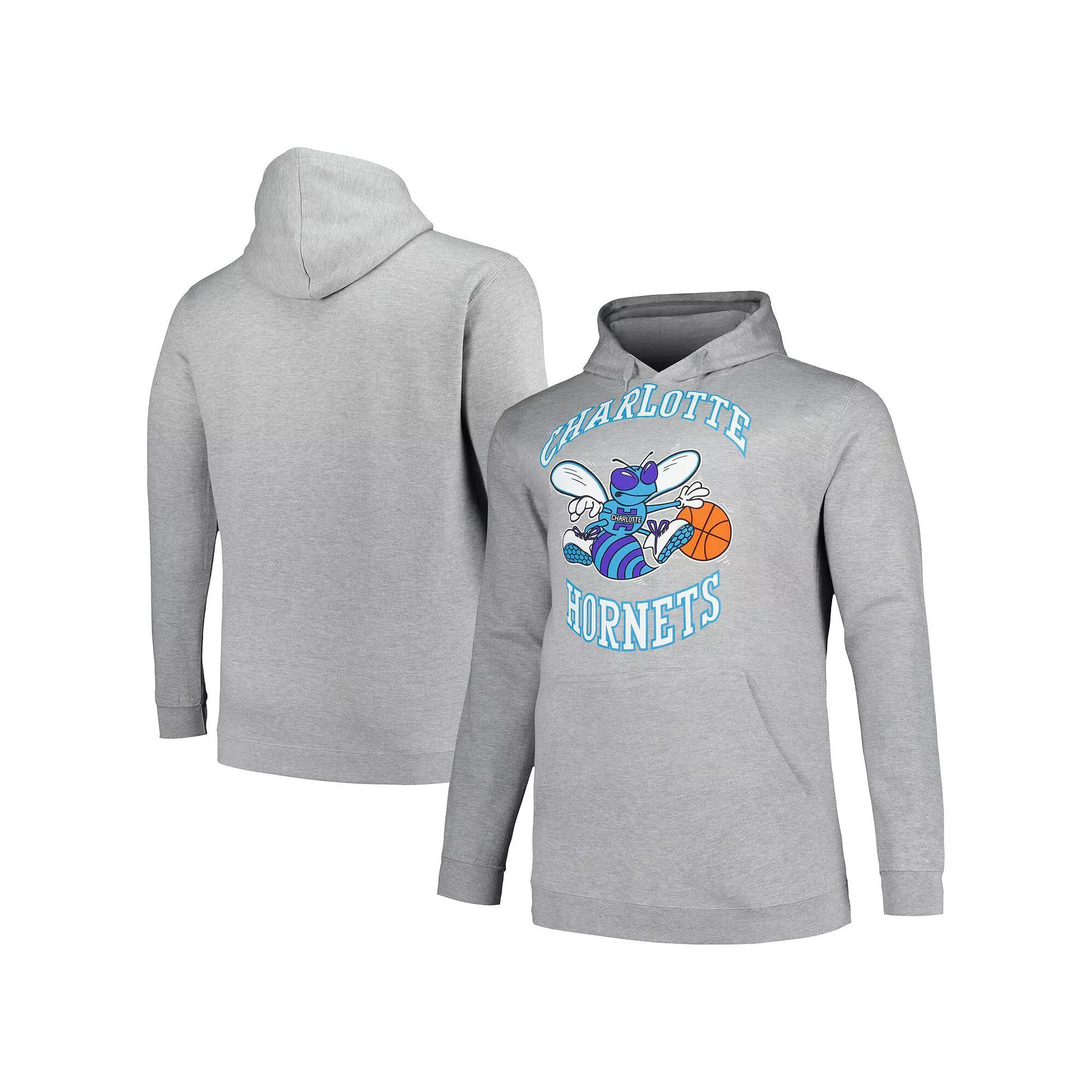 Men's Mitchell & Ness Heather Gray Charlotte Hornets Hardwood Classics Big & Tall Pullover Hoodie, Size: 2XB, Chr Grey Product Image