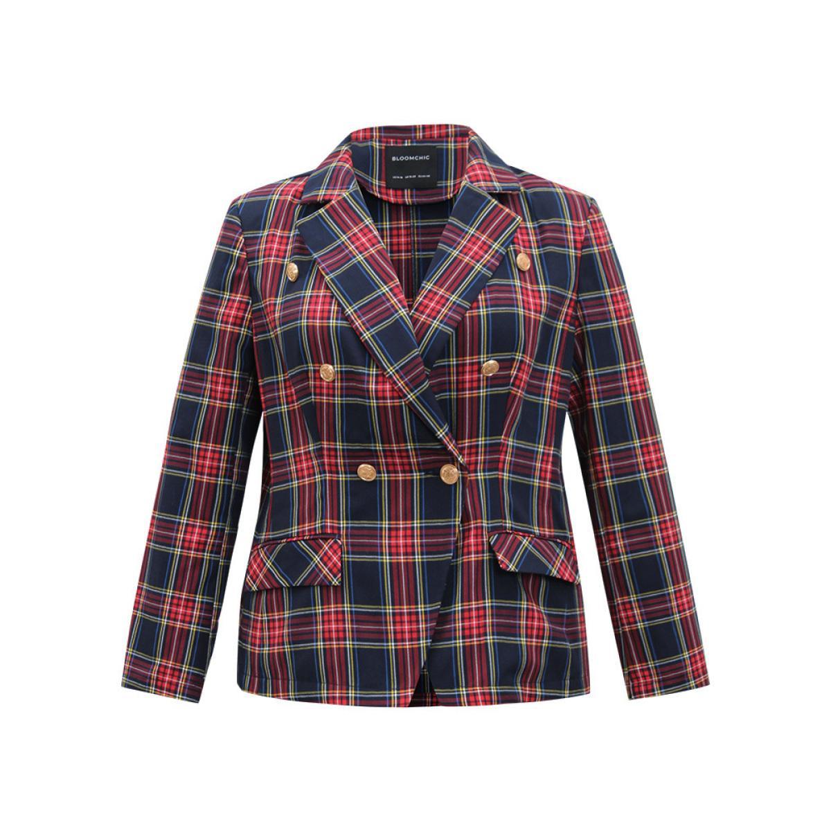 Plus Size Plaid Metal Detail Pocket Blazer Multicolor Women Dailywear Plaid Button Sleeve Long Sleeve Suit Collar 14-16/1X Pocket Casual Blazers BloomChic Product Image
