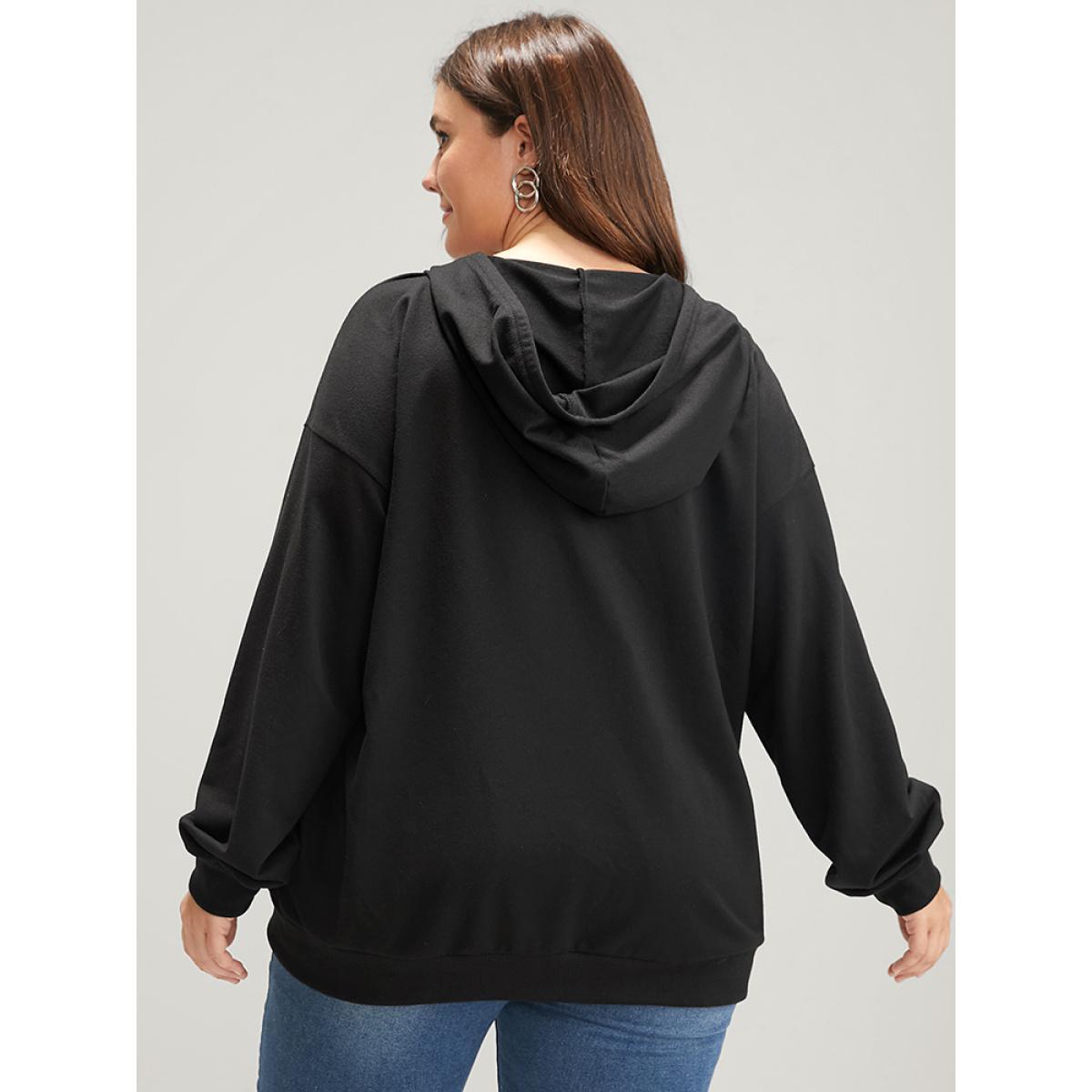 Plus Size Solid Zipper Front Pocket Drawstring Hooded Sweatshirt Women Black Casual Zipper Hooded Dailywear Sweatshirts BloomChic 28/5X Product Image