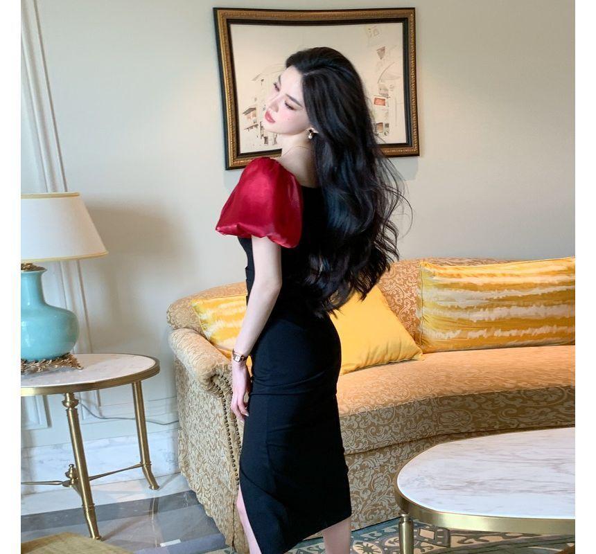 Puff Sleeve Square Neck Two Tone Slit Ruched Panel Mesh Midi Sheath Dress Product Image