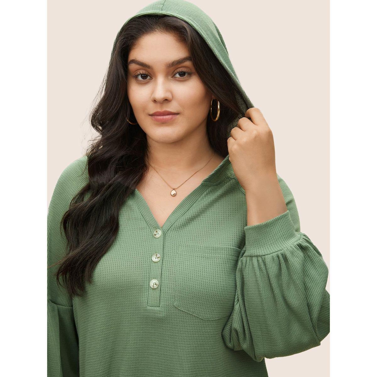 Plus Size Waffle Knit Hooded Lantern Sleeve Patched Pocket Sweatshirt Women Mint Casual Texture Hooded Everyday Sweatshirts BloomChic 22-24/3X Product Image