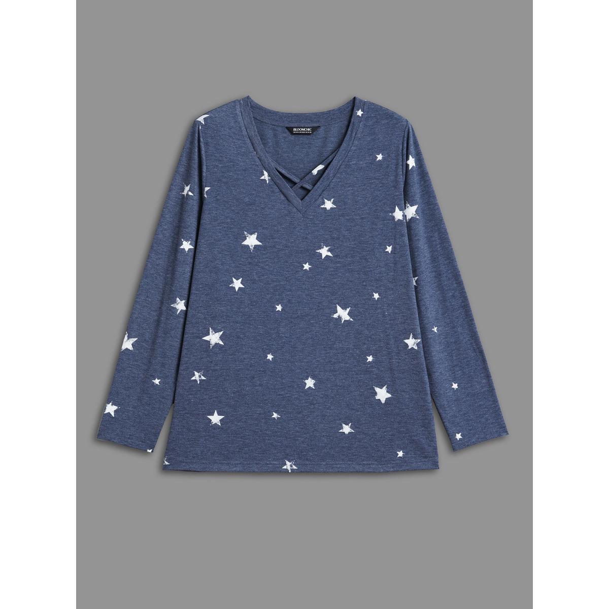 Plus Size Star Print Crisscross Cut-Out T-Shirt Indigo Women Casual Cut-Out Star and moon V-neck Everyday T-shirts BloomChic 18-20/2X Product Image