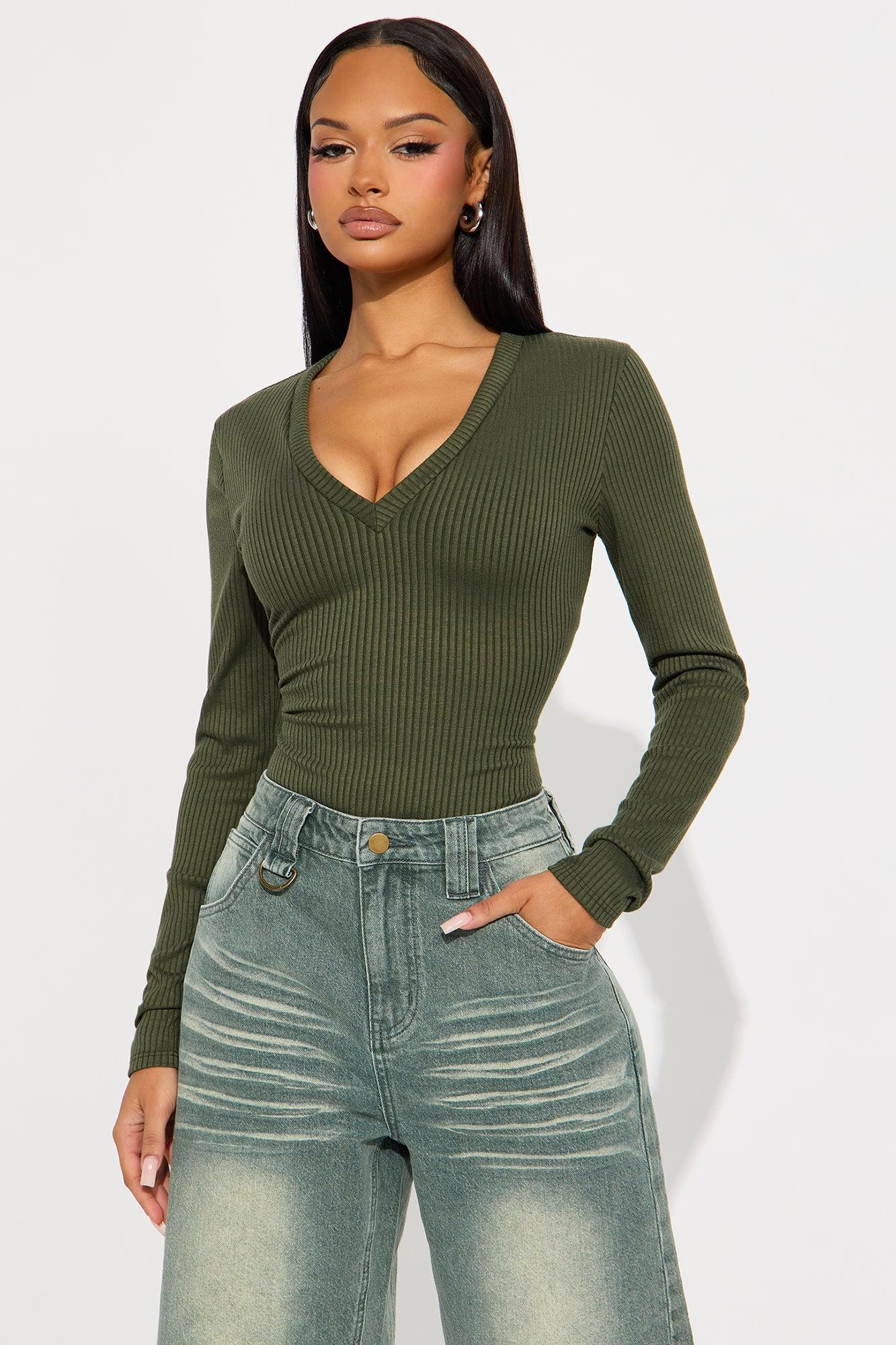 Alora Ribbed Long Sleeve Bodysuit - Olive Product Image