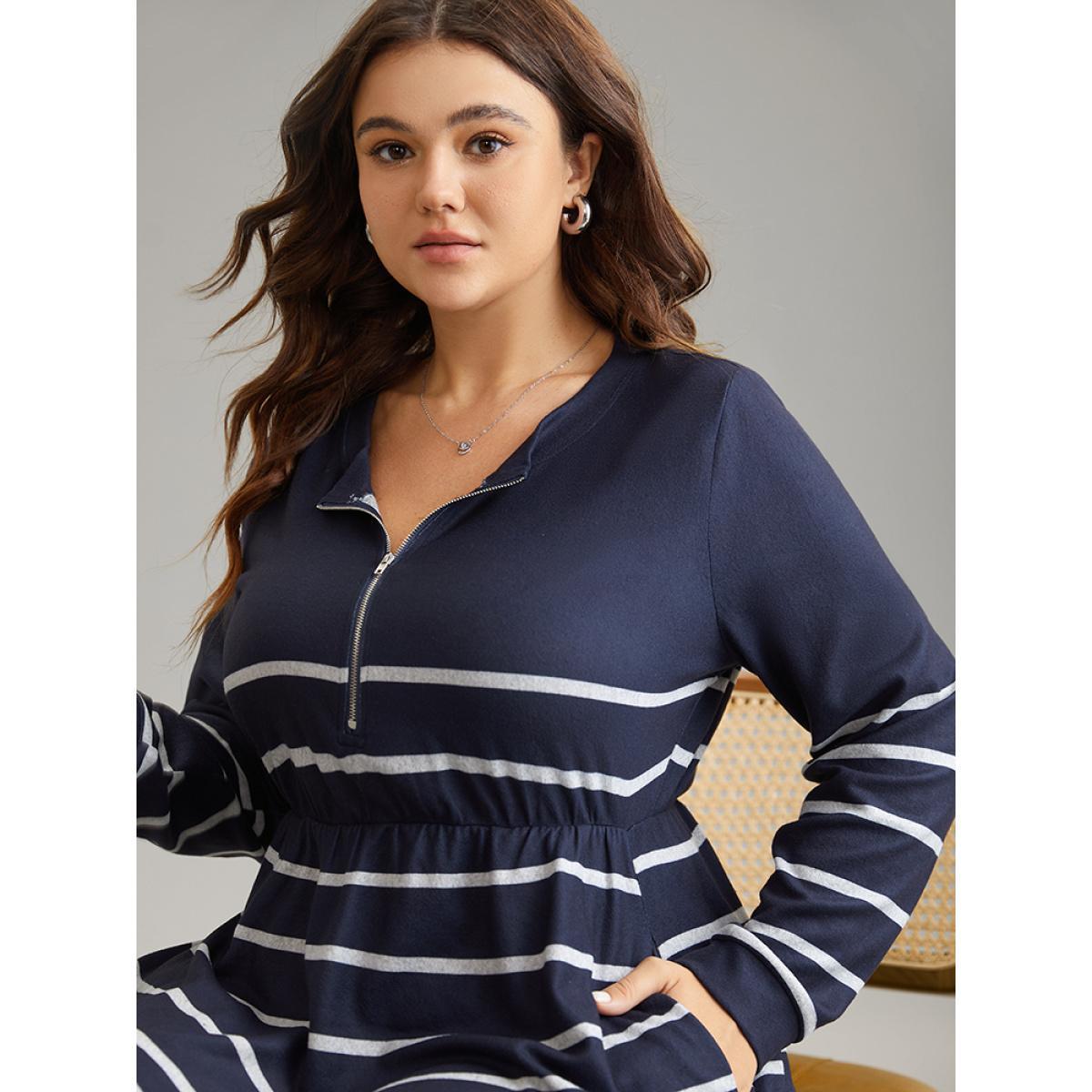 Plus Size Striped Elastic Waist Pocket Zipper Dress DarkBlue Women Casual Printed Round Neck Long Sleeve Curvy Midi Dress BloomChic 10/M Product Image