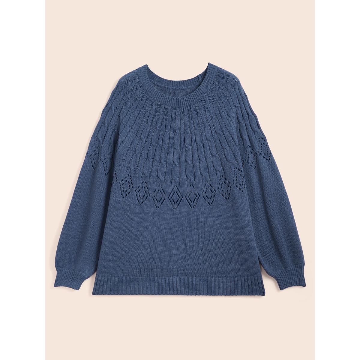 Plus Size Texture Cable Knit Lantern Sleeve Pullover Indigo Women Casual Loose Long Sleeve Round Neck Everyday Pullovers BloomChic 18-20/2X Product Image