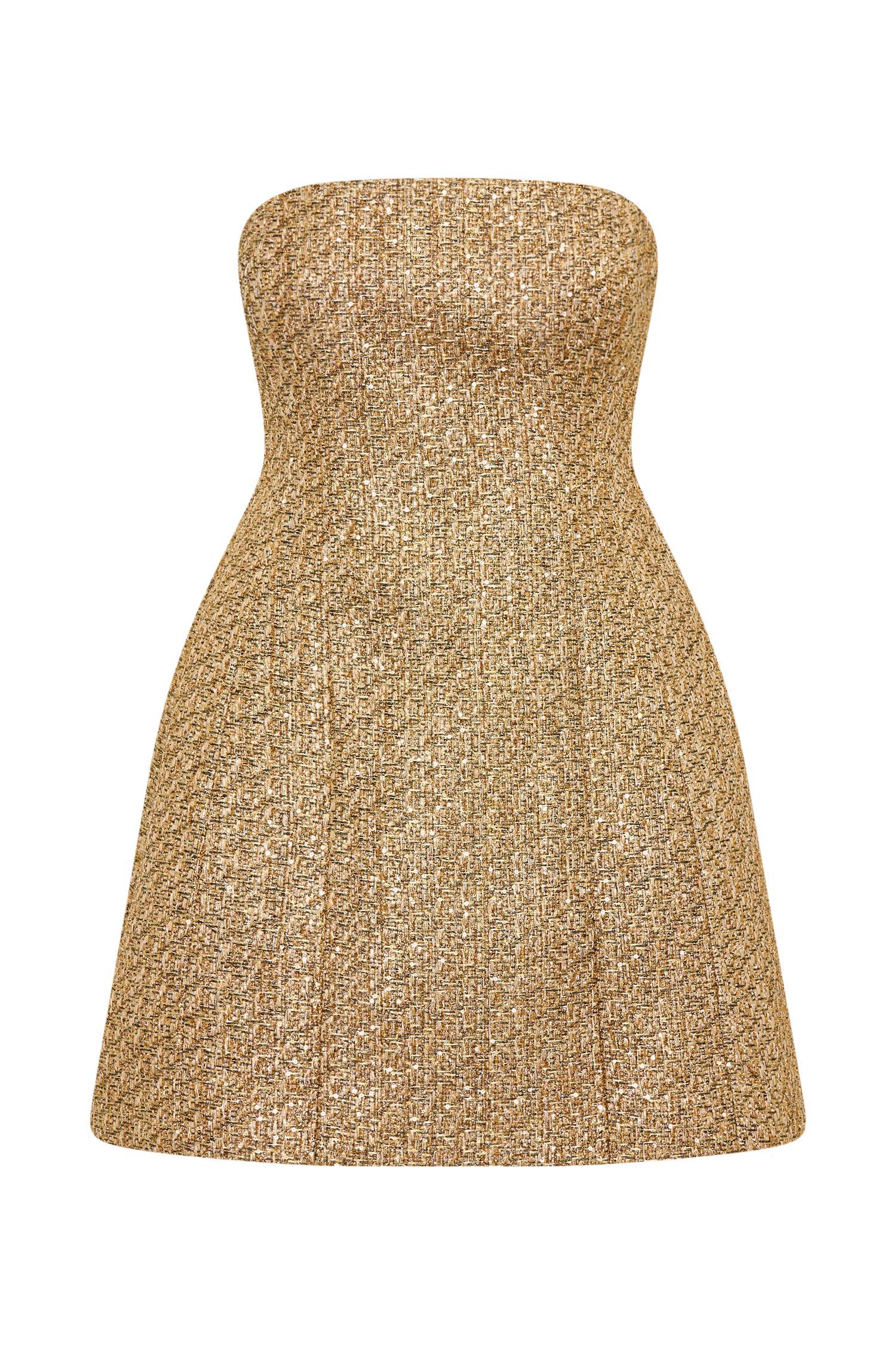 Gala Strapless Tweed Mini Dress - Gold Product Image