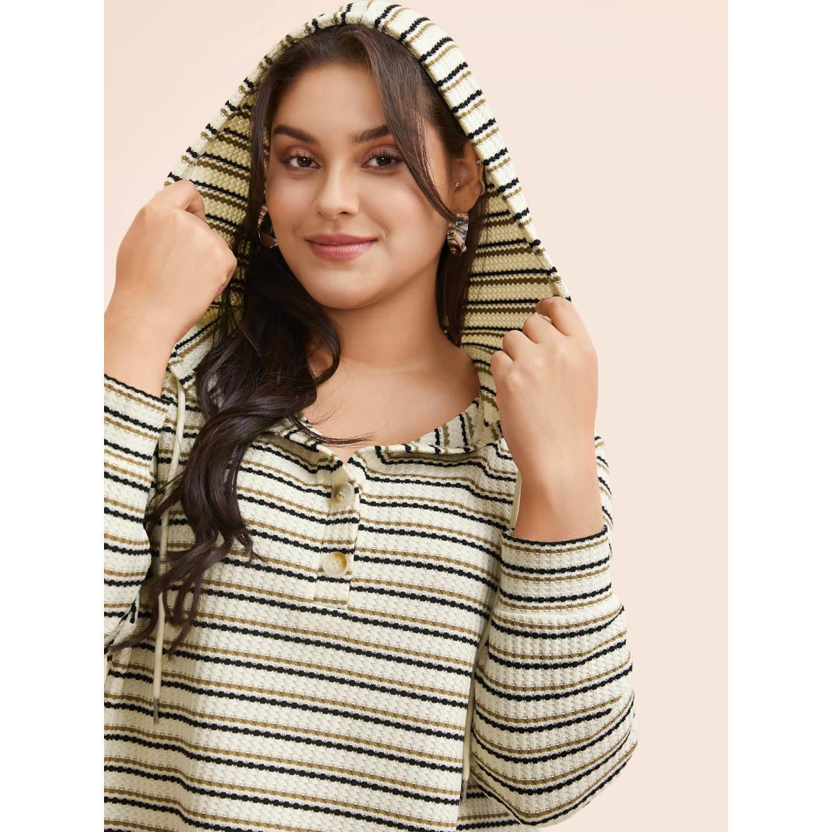 Plus Size Striped Texture Raglan Sleeve Hooded T-shirt Multicolor Women Casual Texture Hooded Everyday T-shirts BloomChic 10/M Product Image