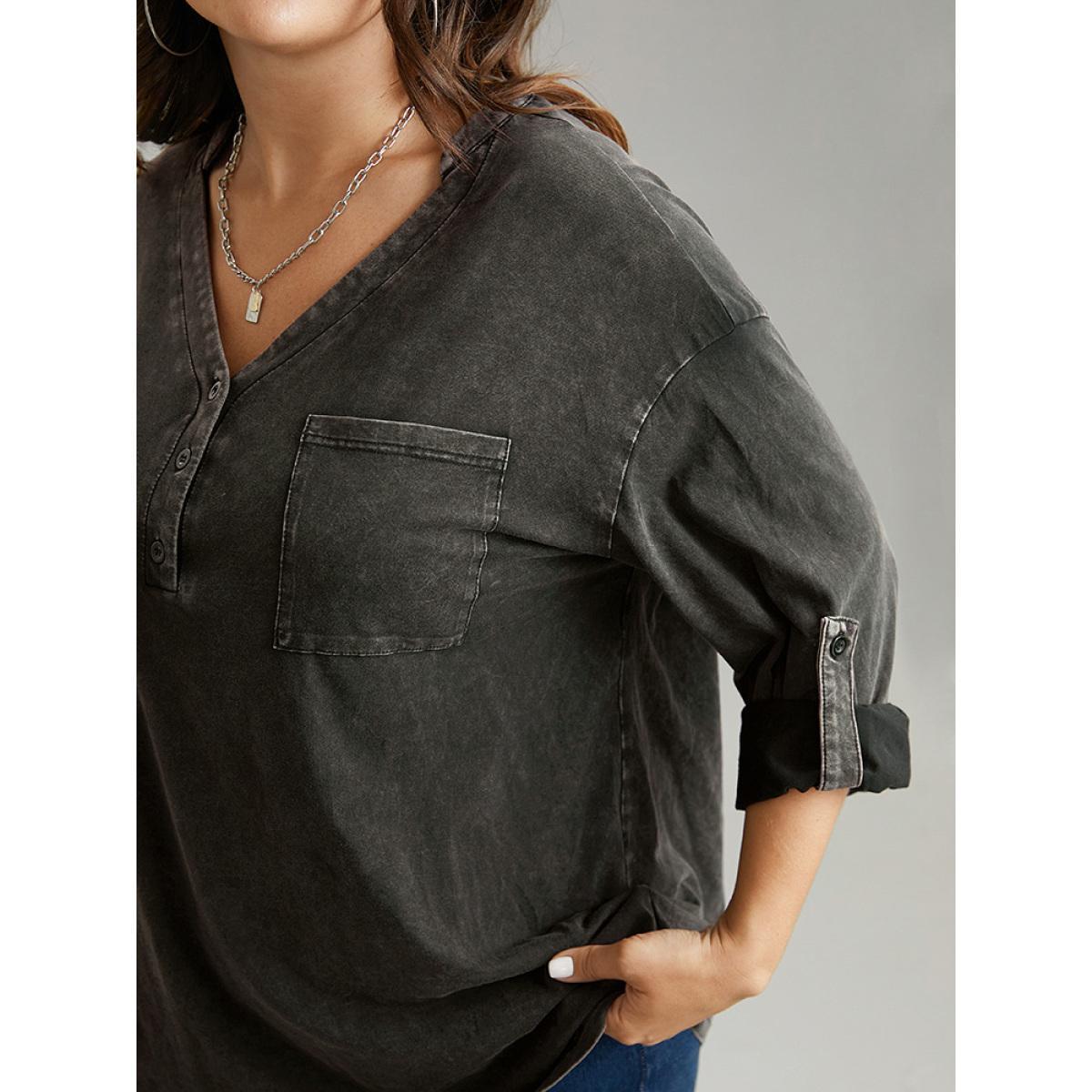 Plus Size Vintage Roll Tab Sleeve Button Up T-shirt Black Women Casual Plain Plain V-neck Dailywear T-shirts BloomChic 26/4X Product Image