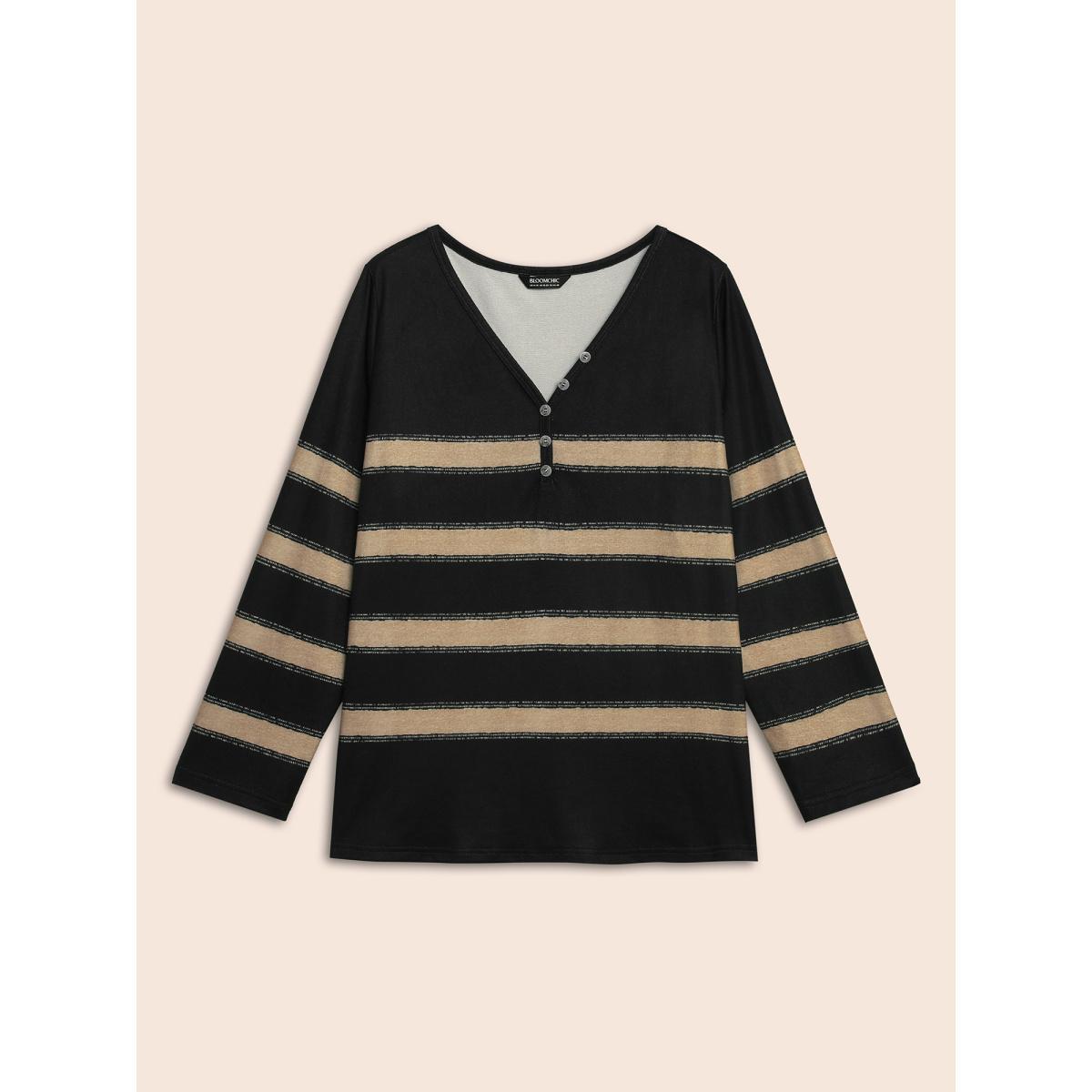 Plus Size Contrast Striped Button Detail T-shirt Black Women Casual Button V-neck Everyday T-shirts BloomChic 28/5X Product Image