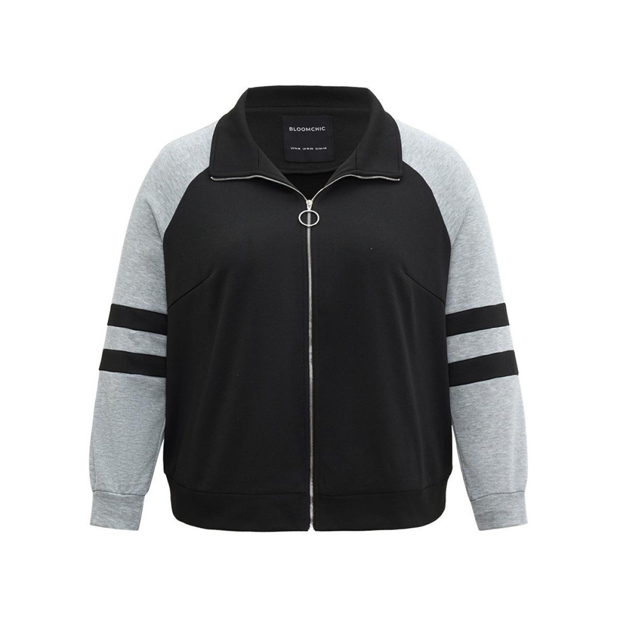 Plus Size Contrast Contrast Trim O Ring Zipper Jacket Women Black Contrast Everyday Jackets BloomChic 12/L Product Image