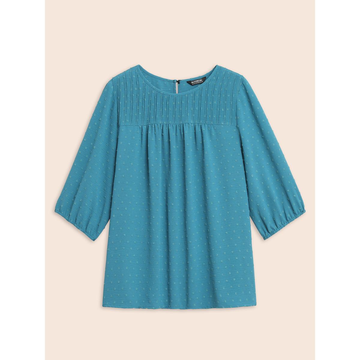 Plus Size Cerulean Texture Round Neck Pleated Lantern Sleeve Blouse Women Elegant Elbow-length sleeve Round Neck Everyday Blouses BloomChic 18-20/2X Product Image
