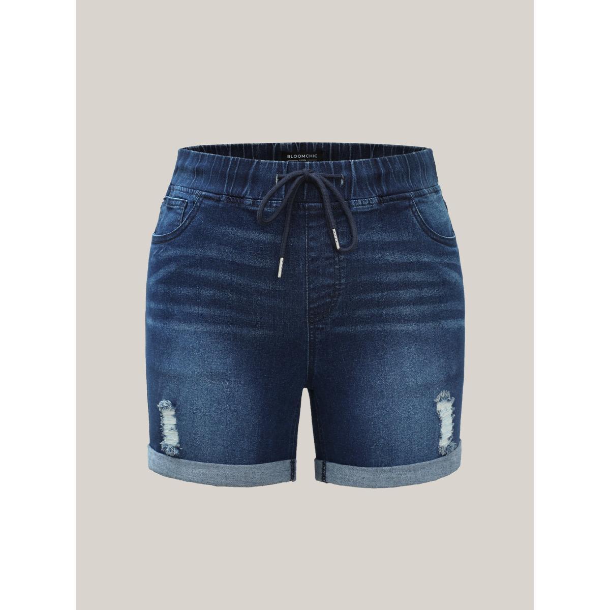 Plus Size Distressed Drawstring Roll Hem Denim Shorts Women Indigo Drawstring High stretch Everyday Slanted pocket Casual Denim Shorts BloomChic 20/2X Product Image