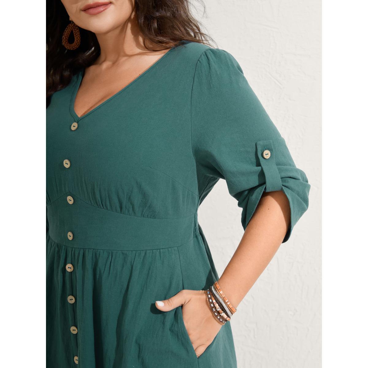 Plus Size Pure Cotton Button Gathered Sleeve Midi Dress Teal Women Gathered V-neck Elbow-length sleeve Curvy BloomChic 30/6X Product Image