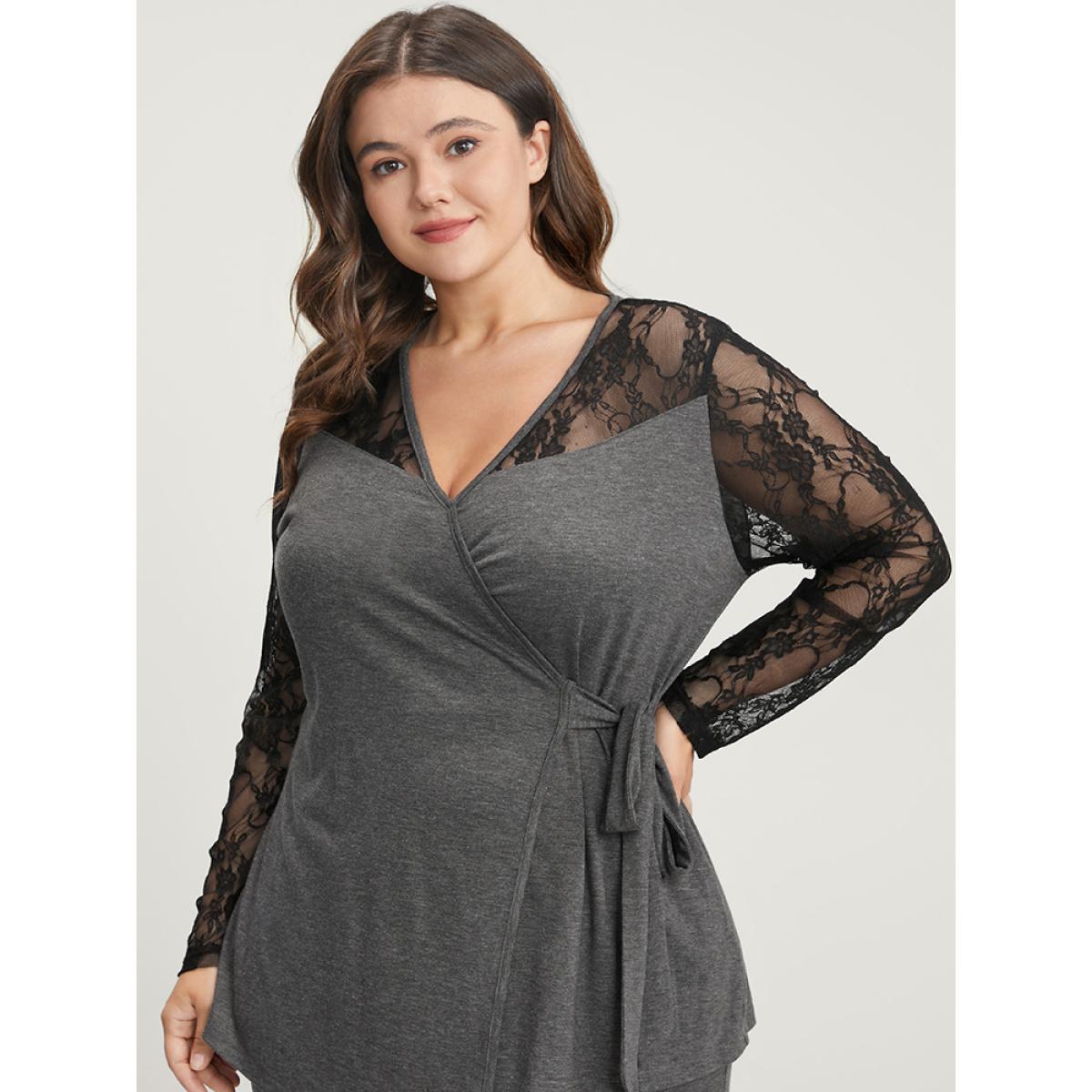 Plus Size Solid Contrast Lace Knot Side Pajama Set Women DimGray Plain Patchwork Long Sleeve V-neck Elegant Loungewear Sets BloomChic 12/L Product Image